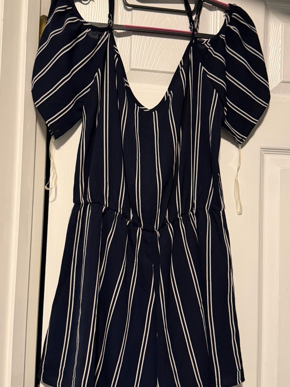 Love Chesley- Large Navy and White Striped Romper